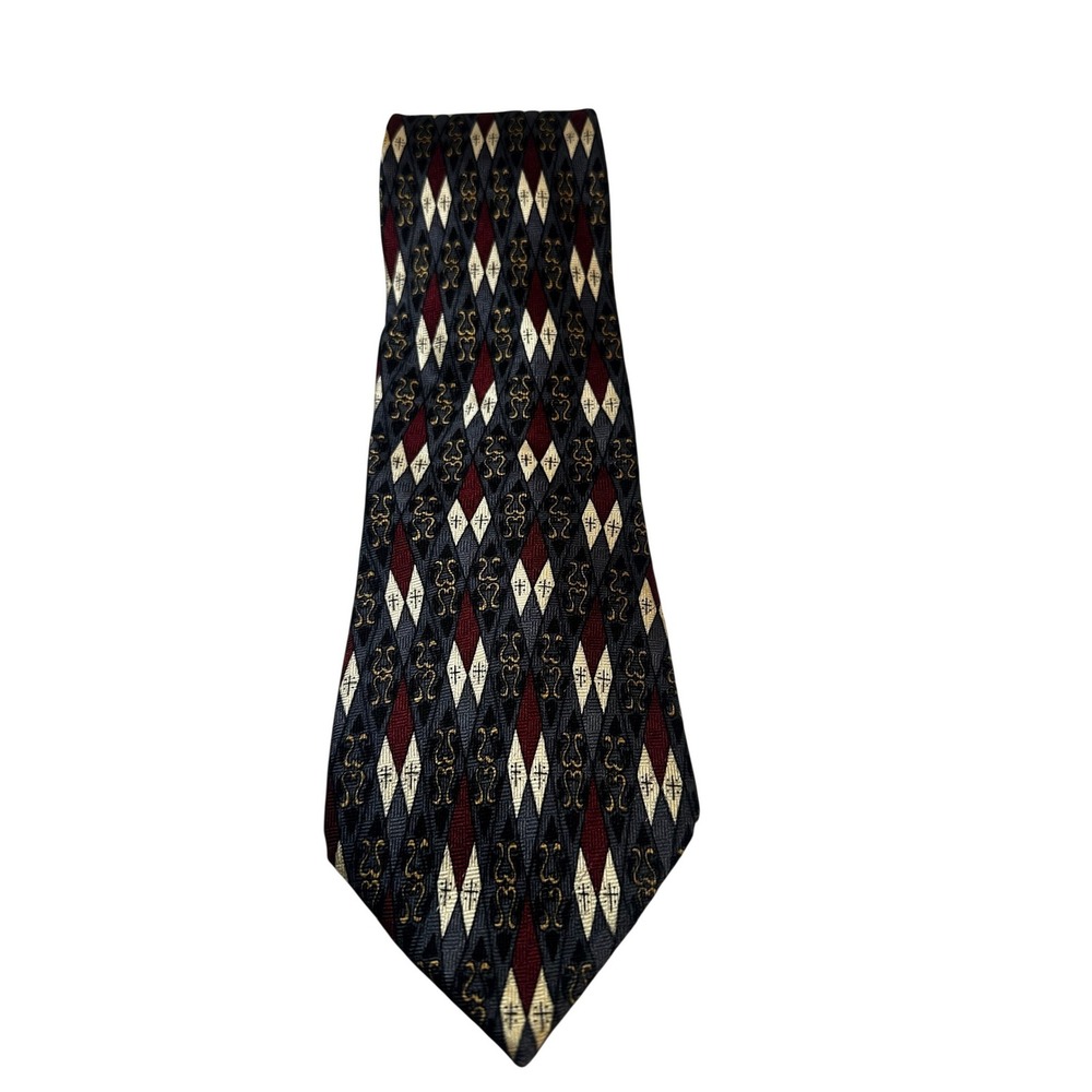 Bill Blass Mens Silk Necktie Burgundy Grey Geometric Diamond Pattern 4 Inch Wide